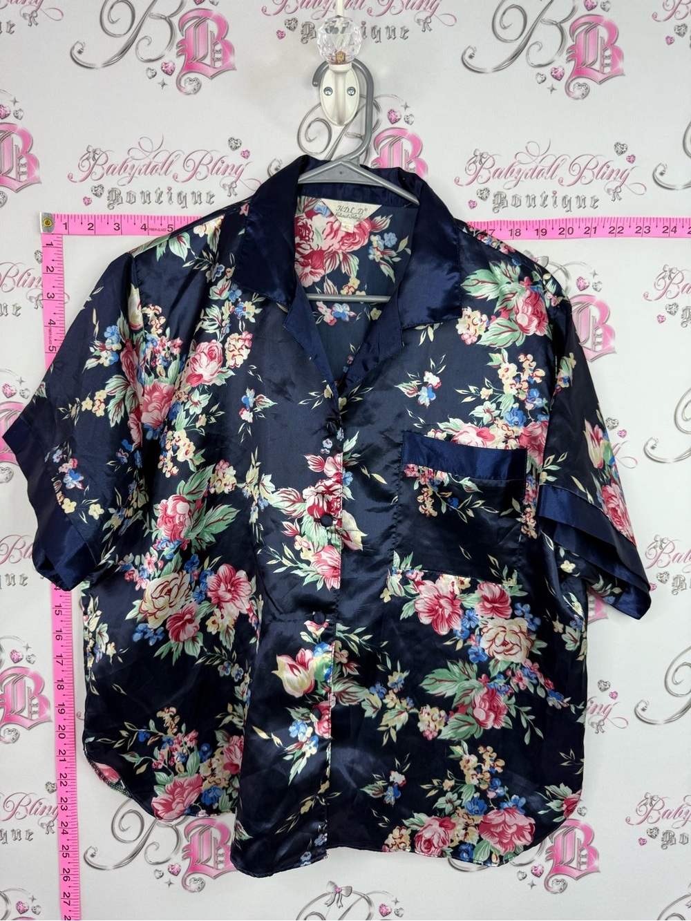 HDLD shirt vintage Silky Floral Button-Down Shirt - Navy Pink Floral